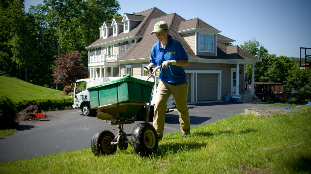 female lawn specialist seeding